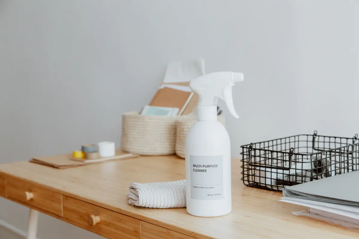 Cleaning spray and a folded cloth on a wooden desk.